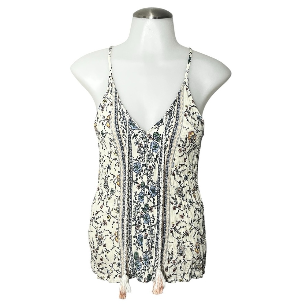 Medium Luq Floral‎ Boho Print Women's Gauze V Neck Top with Tassels